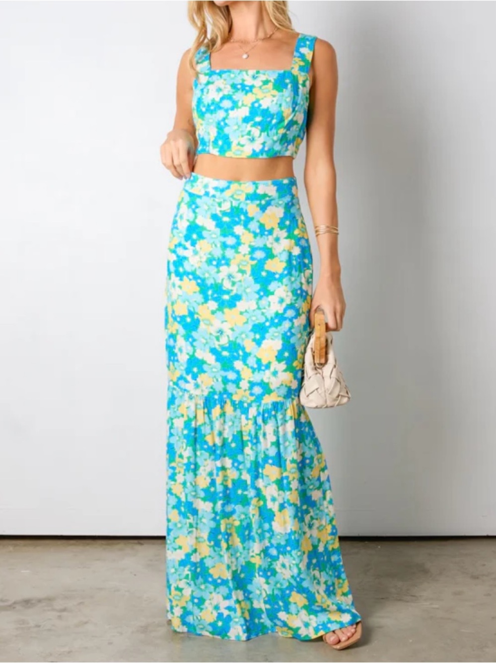 NWT Vestique Boutique Floral Two Piece Maxi Skirt and Crop Top Set Size Small